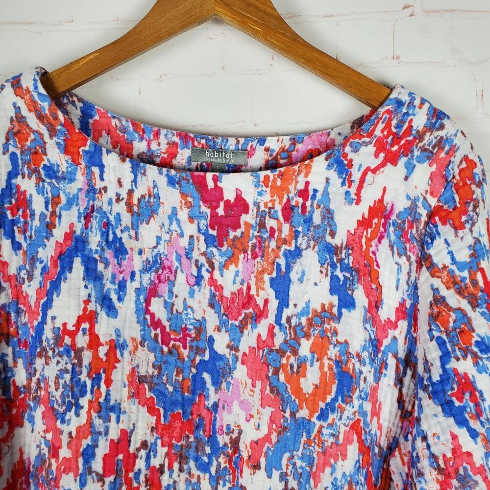 Habitat Seaside Double Cloth Gauze Pullover Top Lg 3/4 Sleeve Ikat Red Pink Blue - Picture 5 of 12